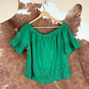 ROOMMATES Green Linen Eyelet Off the Shoulder Top XL